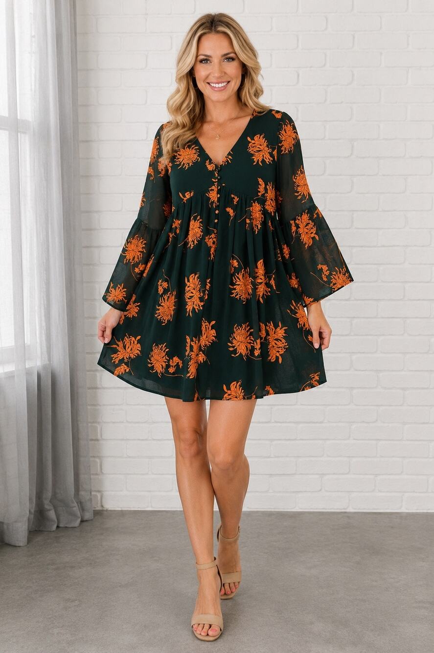 entro Dark Green and Orange Floral Maxi Dress